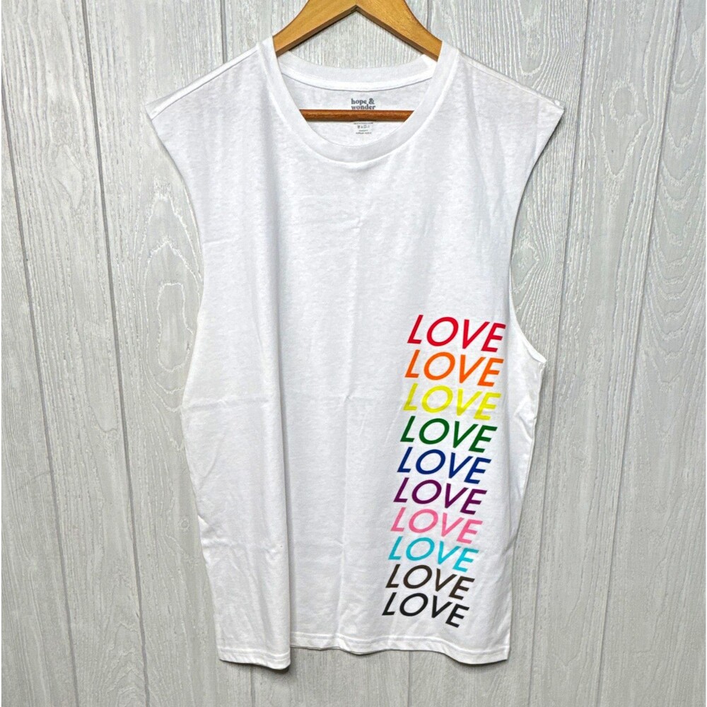 Hope & Wonder Men's White Rainbow LOVE Graphic Crew Neck Sleeveless Tee M